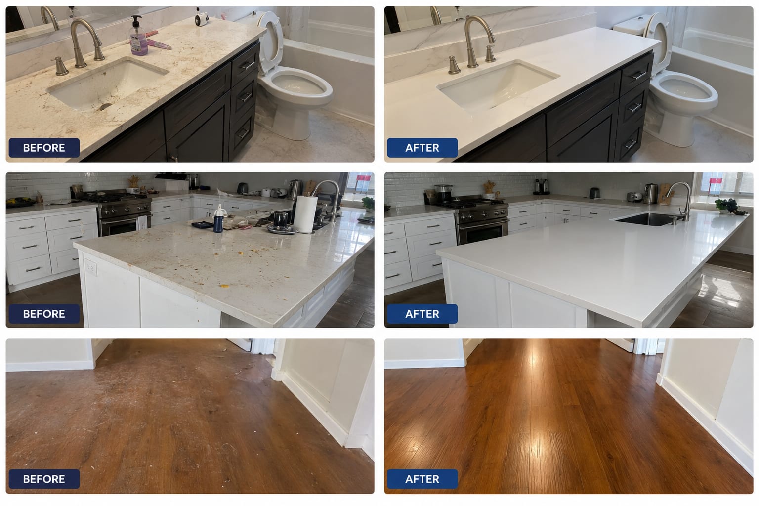 Three before and after pairs. A stained bathroom vanity becomes clean and white; a cluttered, food-splattered kitchen island is cleared and polished; a dusty, scuffed hardwood floor is cleaned to a warm shine.
