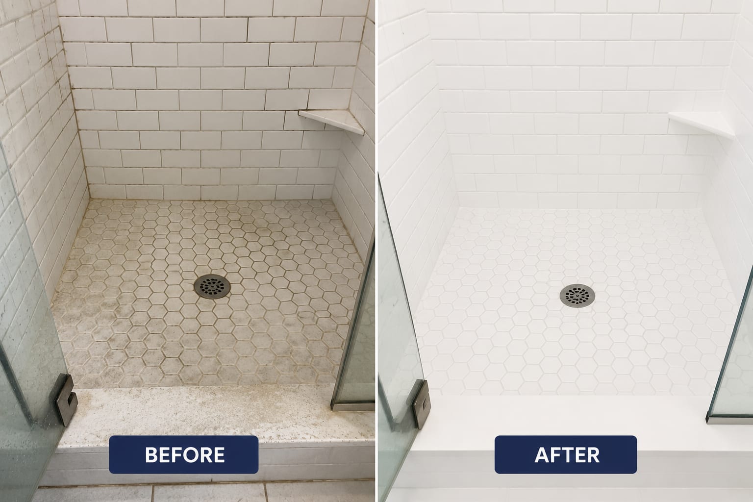 Before and after of a subway-tiled shower. The before shows grey mildew-stained grout and a heavily discoloured hexagonal tile floor; the after shows bright white grout and a clean white floor.