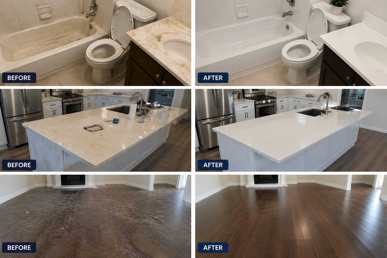 Three before and after pairs. A heavily stained bathtub and toilet become white and clean; a cluttered kitchen island is cleared and polished; a dull, marked hardwood floor is restored to an even dark finish.