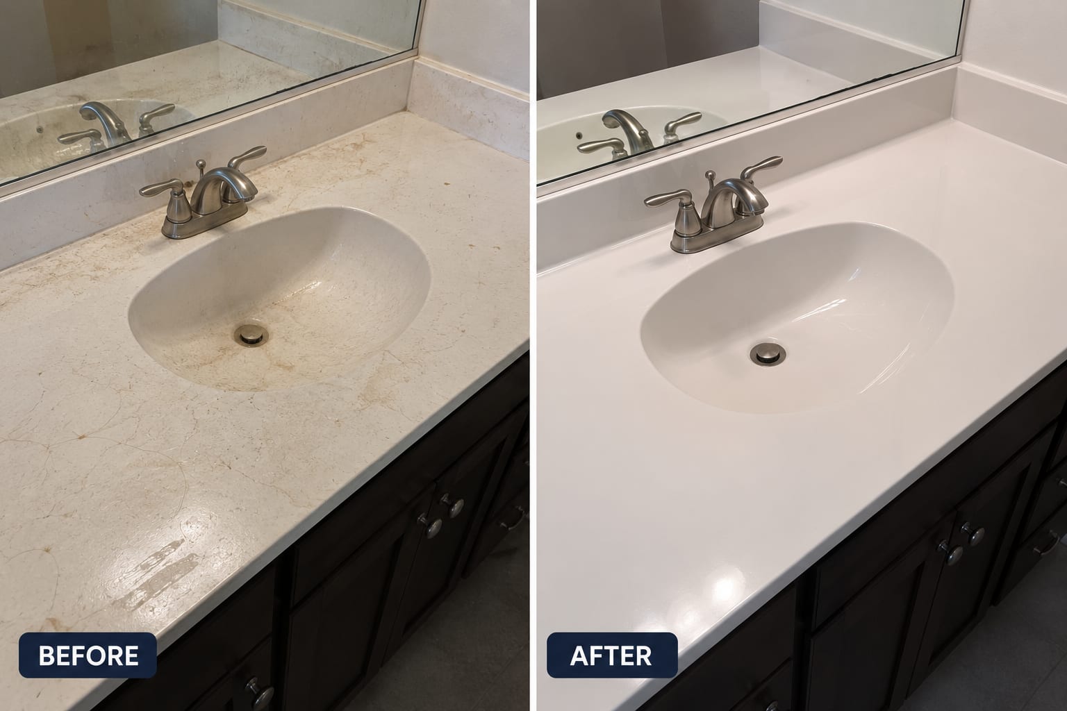 Before and after of a stone bathroom vanity. The before shows brown rust marks and hard-water staining across the counter and basin; the after shows a clean, glossy, evenly white surface.